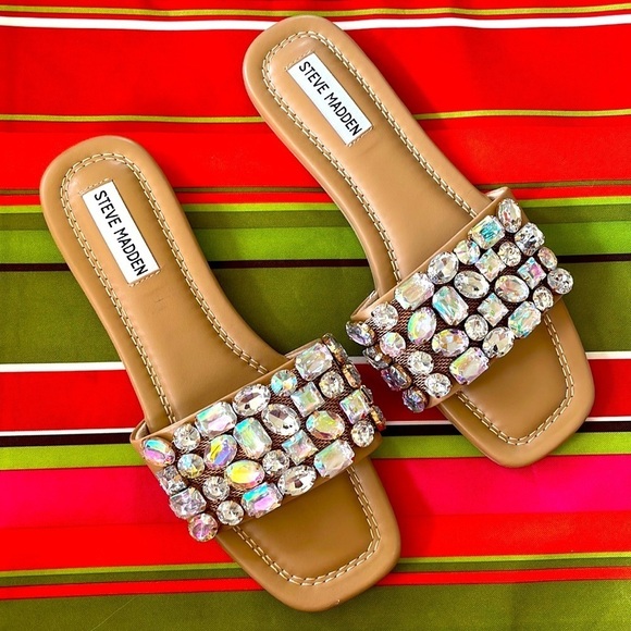 Brand New Steve Madden Malina Jeweled Gem Sparkly Bling Slide Sandals - Picture 1 of 13
